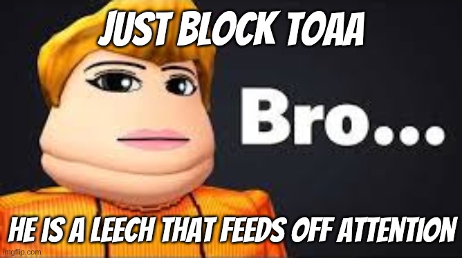 entire drama solved. your welcome | just block toaa; he is a leech that feeds off attention | image tagged in bro | made w/ Imgflip meme maker