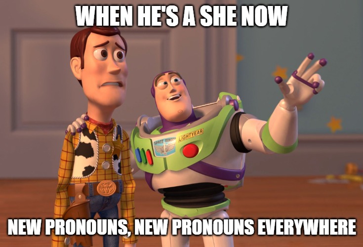 X, X Everywhere Meme | WHEN HE'S A SHE NOW; NEW PRONOUNS, NEW PRONOUNS EVERYWHERE | image tagged in memes,x x everywhere | made w/ Imgflip meme maker