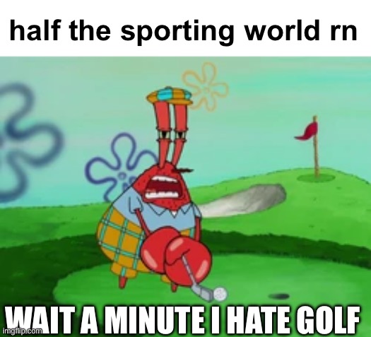 wait a minute i hate golf | half the sporting world rn; Wait a minute I hate golf | image tagged in memes,funny,golf,sports,oh wow are you actually reading these tags,idk what to put here | made w/ Imgflip meme maker