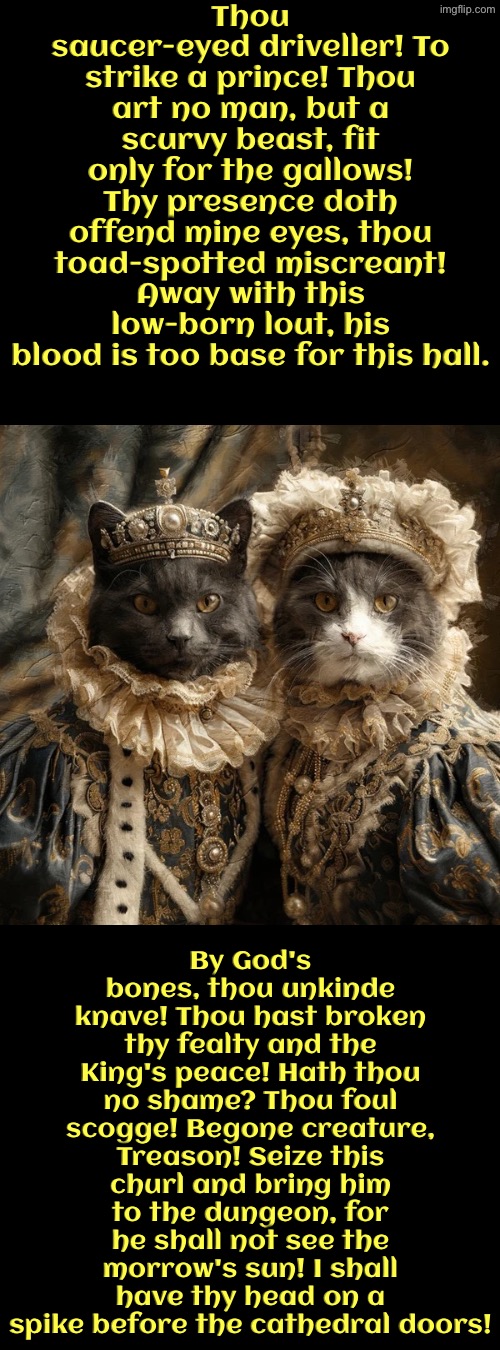 Thou Foul Scogge! Begone Creature! | Thou saucer-eyed driveller! To strike a prince! Thou art no man, but a scurvy beast, fit only for the gallows! Thy presence doth offend mine eyes, thou toad-spotted miscreant! Away with this low-born lout, his blood is too base for this hall. By God's bones, thou unkinde knave! Thou hast broken thy fealty and the King's peace! Hath thou no shame? Thou foul scogge! Begone creature, Treason! Seize this churl and bring him to the dungeon, for he shall not see the morrow's sun! I shall have thy head on a spike before the cathedral doors! | image tagged in cats,medieval memes,the king,the queen,royal wedding,execution | made w/ Imgflip meme maker