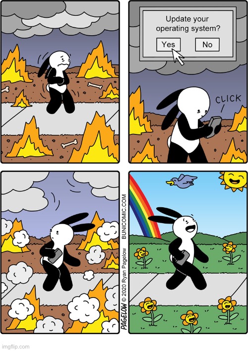 Buni Comics | image tagged in comics,buni comics,fire and smoke,update,operating system,happy day | made w/ Imgflip meme maker