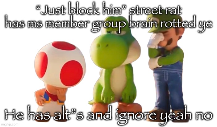 Toad Luigi and Yoshi reaction image | “Just block him” street rat has ms member group brain rotted ye; He has alt”s and ignore yeah no | image tagged in toad luigi and yoshi reaction image | made w/ Imgflip meme maker