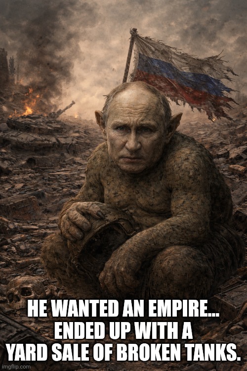 The Troll in the Field | He wanted an empire…
Ended up with a yard sale of broken tanks. | image tagged in vladimir putin,russians,suicidal missions,ukraine | made w/ Imgflip meme maker