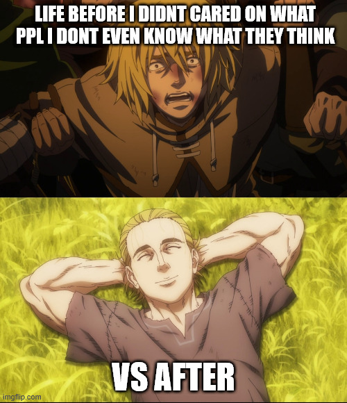 Careless | life before i didnt cared on what ppl i dont even know what they think; vs after | image tagged in vinland saga pessimism and optimism | made w/ Imgflip meme maker