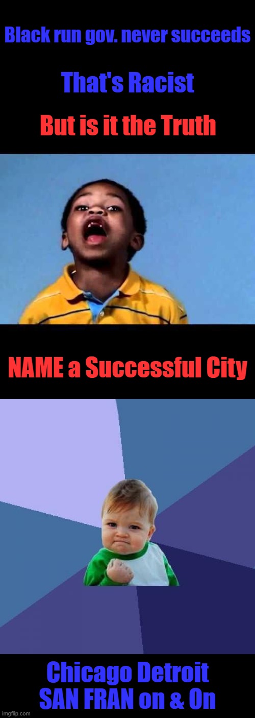Black run gov. never succeeds; That's Racist; But is it the Truth; NAME a Successful City; Chicago Detroit SAN FRAN on & On | image tagged in memes,success kid | made w/ Imgflip meme maker