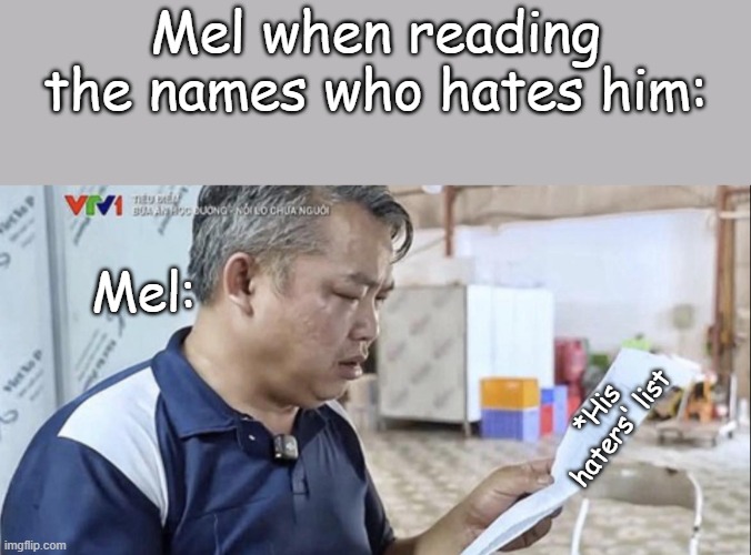 FPE:S meme | Mel when reading the names who hates him:; Mel:; *His haters' list | image tagged in what the heck am i reading,funny | made w/ Imgflip meme maker