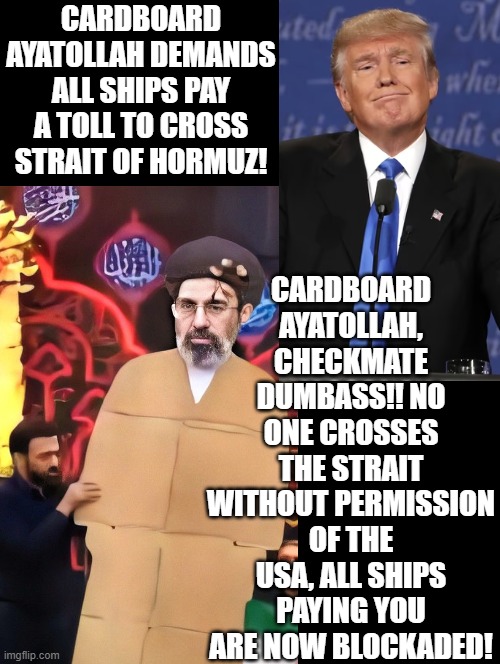 Cardboard Ayatollah, checkmate!! | Cardboard Ayatollah, checkmate dumbass!! No one crosses the strait without permission of the USA, all ships paying you are now blockaded! Cardboard Ayatollah demands all ships pay a toll to cross strait of Hormuz! | image tagged in checkmate,sam elliott special kind of stupid | made w/ Imgflip meme maker