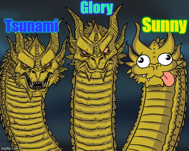 DOD Sisters | Glory; Tsunami; Sunny | image tagged in king ghidorah,wings of fire,glory,tsunami,sunny,sisters | made w/ Imgflip meme maker