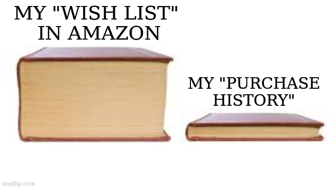 wish list and the purchase | My "Wish List" 
in Amazon; My "Purchase history" | image tagged in big book small book,amazon | made w/ Imgflip meme maker