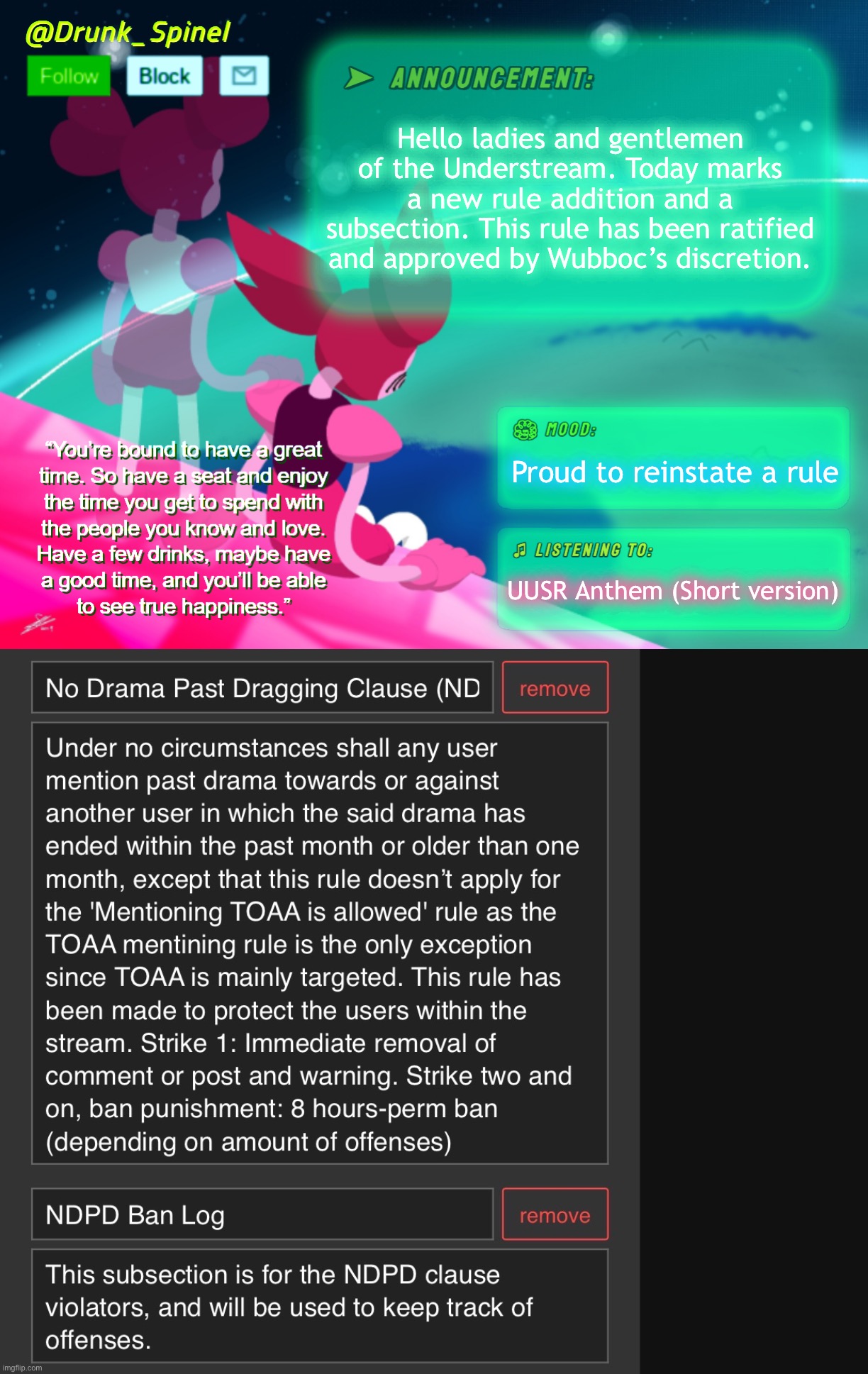 The Understream now has a reinstated rule! | Hello ladies and gentlemen of the Understream. Today marks a new rule addition and a subsection. This rule has been ratified and approved by Wubboc’s discretion. Proud to reinstate a rule; UUSR Anthem (Short version) | made w/ Imgflip meme maker