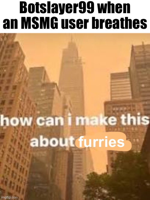 How can I make this about me? | Botslayer99 when an MSMG user breathes; furries | image tagged in how can i make this about me | made w/ Imgflip meme maker