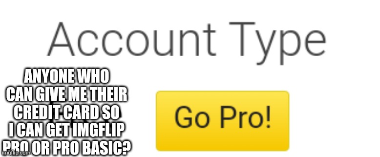 Imgflip free go pro | Anyone who can give me their credit card so I can get imgflip pro or pro basic? | image tagged in imgflip free go pro | made w/ Imgflip meme maker
