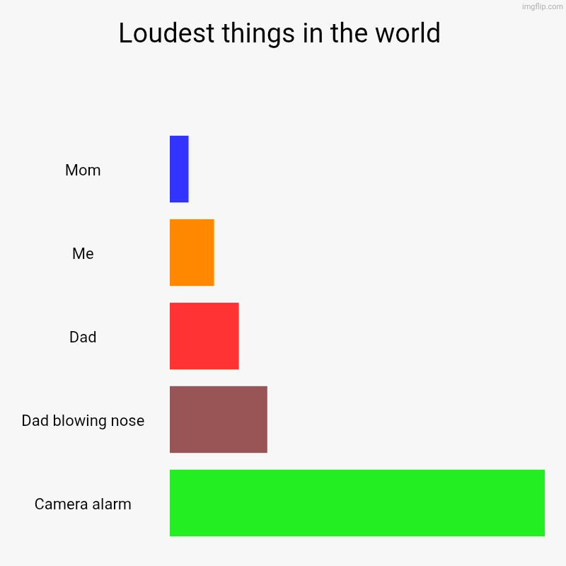 Loudest things in the world | Mom, Me, Dad, Dad blowing nose, Camera alarm | image tagged in charts,bar charts | made w/ Imgflip chart maker