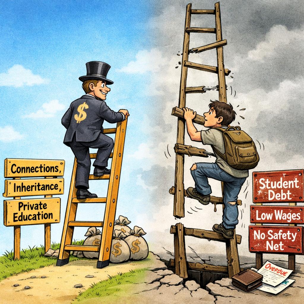 Left side: a wealthy person climbing a short ladder labeled “Con Blank Meme Template