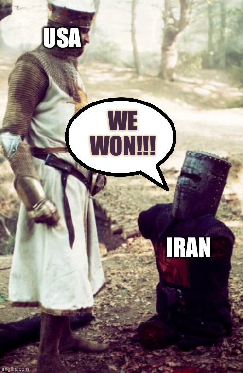 Iran won | USA; We won!!! Iran | image tagged in black knight,iran,politics,political meme,war | made w/ Imgflip meme maker