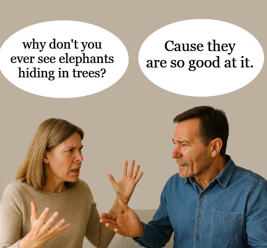 Dad joke | Cause they are so good at it. why don't you ever see elephants hiding in trees? | image tagged in couple talking,kewlew | made w/ Imgflip meme maker
