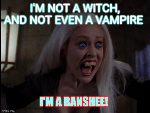 screaming banshee | I'm not a witch, and not even a vampire; I'm A banshee! | image tagged in screaming banshee | made w/ Imgflip meme maker