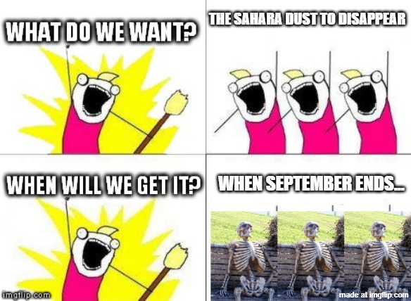 what do we want with waiting skeletons | THE SAHARA DUST TO DISAPPEAR; when september ends... | image tagged in what do we want with waiting skeletons,dominicanos | made w/ Imgflip meme maker