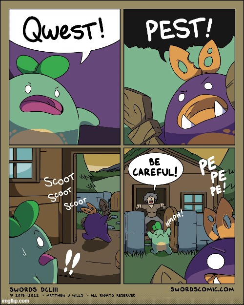 Quest VS Pest | image tagged in swords,sprouts,quest,pest,running,chase | made w/ Imgflip meme maker