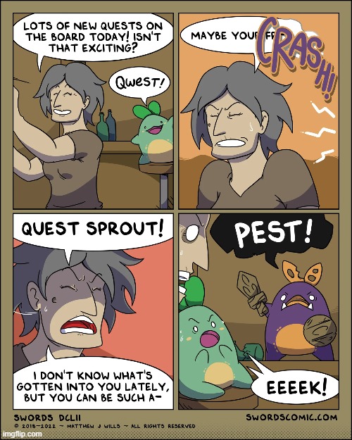 The debut of Pest Sprout! | image tagged in swords,granny,crash,sprouts,quest,pest | made w/ Imgflip meme maker