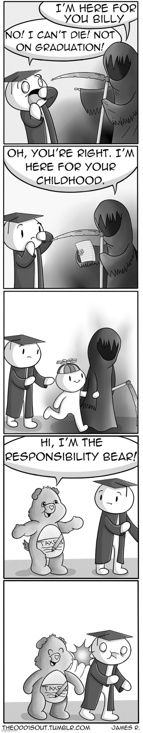 The Odd 1s Out | image tagged in comics,the odd 1s out,grim reaper,graduation,childhood,responsibility | made w/ Imgflip meme maker
