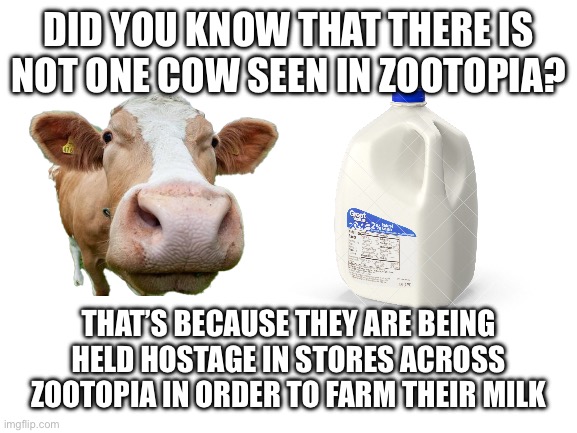 Blank White Template | Did you know that there is not one cow seen in Zootopia? That’s because they are being held hostage in stores across Zootopia in order to farm their milk | image tagged in blank white template | made w/ Imgflip meme maker