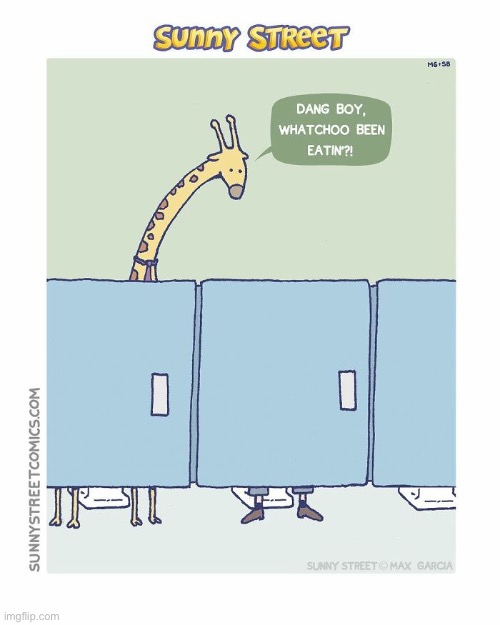 Giraffe in the bathroom | image tagged in comics,sunny street,giraffe,bathroom stall,nosy,smelly | made w/ Imgflip meme maker