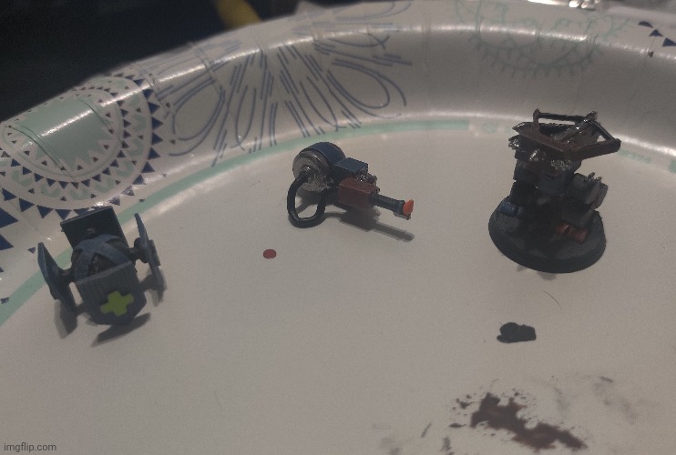 Eldritch "cannon" minis are done but it's raining so I can't top coat them | made w/ Imgflip meme maker