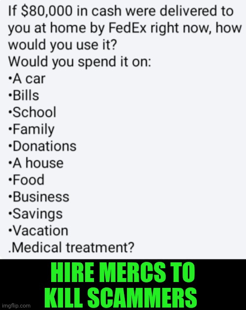 Funny | Hire mercs to kill scammers | image tagged in funny,scammers,scammer,scam,internet scam,assassination | made w/ Imgflip meme maker