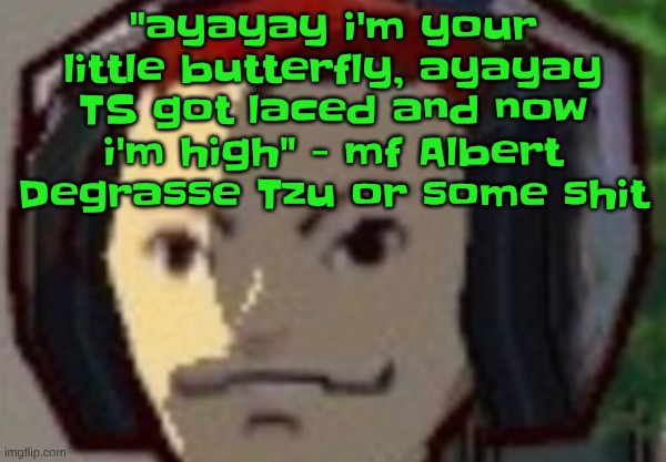 Æ | "ayayay i'm your little butterfly, ayayay TS got laced and now i'm high" - mf Albert Degrasse Tzu or some shit | made w/ Imgflip meme maker