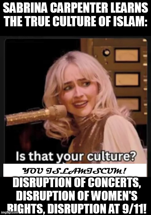 The disruptions! Sabrina Carpenter hates them! | Sabrina Carpenter learns the true culture of islam:; Disruption of concerts, disruption of women's rights, disruption at 9/11! | image tagged in sabrina carpenter hates islam,sabrina carpenter,concert,womens rights,disruption,culture | made w/ Imgflip meme maker