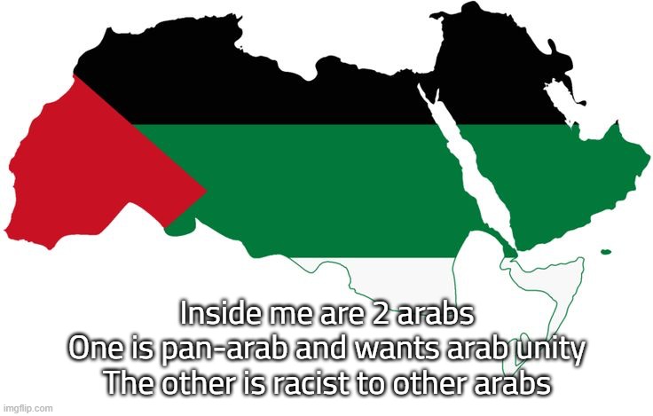 Both are kinda gay | Inside me are 2 arabs
One is pan-arab and wants arab unity
The other is racist to other arabs | image tagged in united arab republic | made w/ Imgflip meme maker