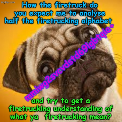 How the hell do the Ultra Far Left expect a realist to analyse half the alphabet and try and understand what the fu@k it means? | How the firetruck do you expect me to analyse half the firetrucking alphabet; mmiwg2svcvdstd69lgbtqia+; Yarra Man; and try to get a firetrucking understanding of what ya  firetrucking mean? | image tagged in self gratification by proxy,virtue signalling woke,labor labour greens teals democrats ndp,canada uik australia,insanity | made w/ Imgflip meme maker