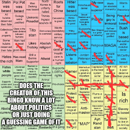 Political Compass bingo | Does the creator of this bingo know a lot about politics or just doing a guessing game of it | image tagged in political compass bingo | made w/ Imgflip meme maker