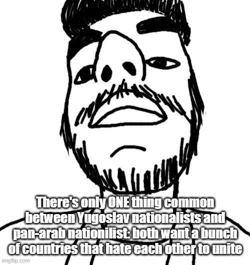 Soyjak ArabMogus (thx Quentin) | There's only ONE thing common between Yugoslav nationalists and pan-arab nationilist: both want a bunch of countries that hate each other to unite | image tagged in soyjak arabmogus thx quentin | made w/ Imgflip meme maker