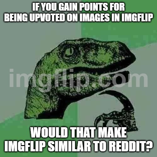 hmm | if you gain points for being upvoted on images in imgflip; would that make imgflip similar to reddit? | image tagged in raptor asking questions | made w/ Imgflip meme maker