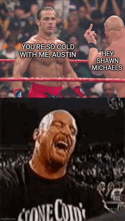 Hey Shawn Michaels; You're so cold with me, austin | image tagged in hbk and austin flip off,stone cold laughing | made w/ Imgflip meme maker