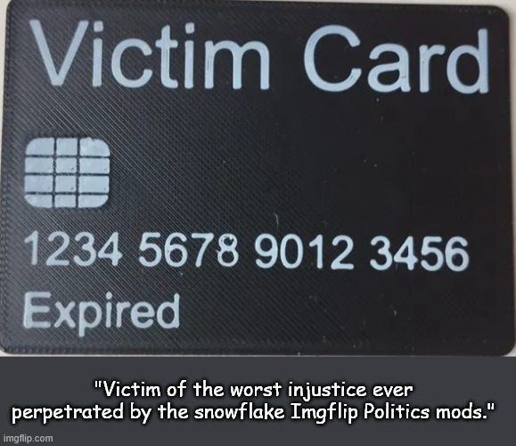 victim card | "Victim of the worst injustice ever perpetrated by the snowflake Imgflip Politics mods." | image tagged in victim card | made w/ Imgflip meme maker