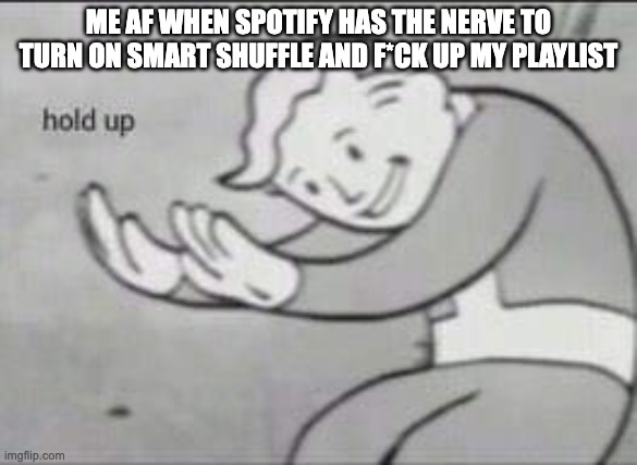 Fallout Hold Up | me af when spotify has the nerve to turn on Smart shuffle and f*ck up my playlist | image tagged in fallout hold up | made w/ Imgflip meme maker