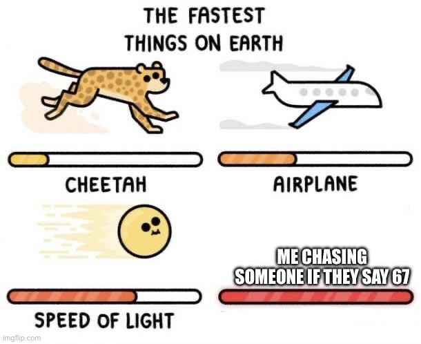 The fastest things on earth: cheetah, airplane, speed of light, | Me chasing someone if they say 67 | image tagged in the fastest things on earth cheetah airplane speed of light | made w/ Imgflip meme maker