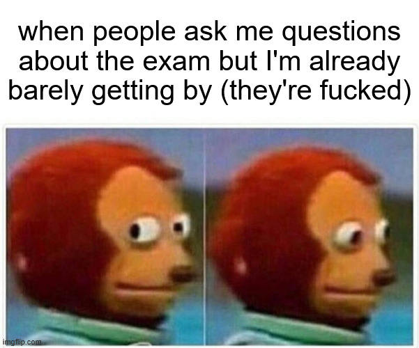 Exam period | when people ask me questions about the exam but I'm already barely getting by (they're fucked) | image tagged in memes,monkey puppet,exams,exam,university,college | made w/ Imgflip meme maker
