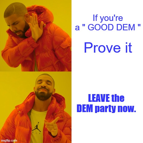 Drake Hotline Bling Meme | If you're a " GOOD DEM "; Prove it; LEAVE the DEM party now. | image tagged in memes,drake hotline bling | made w/ Imgflip meme maker
