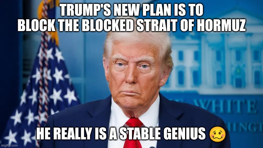 Stable Genius | Trump's new plan is to block the blocked Strait of Hormuz; He really is a stable genius 🥴 | image tagged in trump,gop,maga,nazis,fascists,hormuz | made w/ Imgflip meme maker
