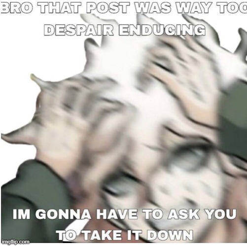 take it down NOW | image tagged in bro that post was too despair inducing | made w/ Imgflip meme maker
