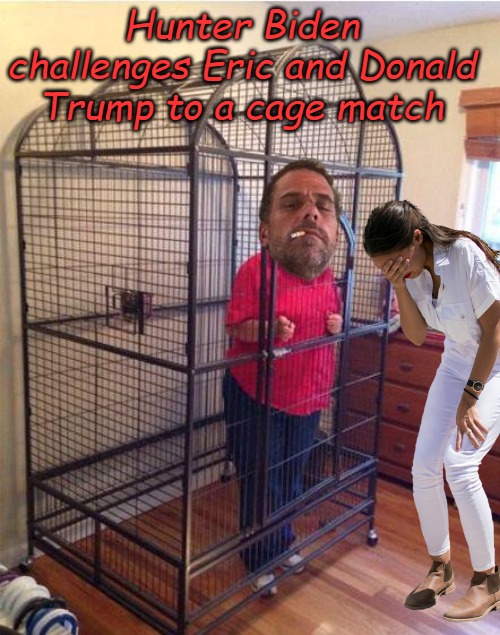 Passing for news.... | Hunter Biden challenges Eric and Donald Trump to a cage match | image tagged in parent violates lockdown | made w/ Imgflip meme maker