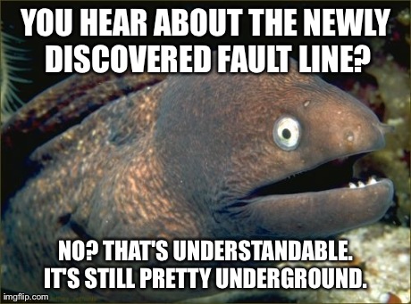Bad Joke Eel Meme | YOU HEAR ABOUT THE NEWLY DISCOVERED FAULT LINE? NO? THAT'S UNDERSTANDABLE. IT'S STILL PRETTY UNDERGROUND. | image tagged in memes,bad joke eel,AdviceAnimals | made w/ Imgflip meme maker