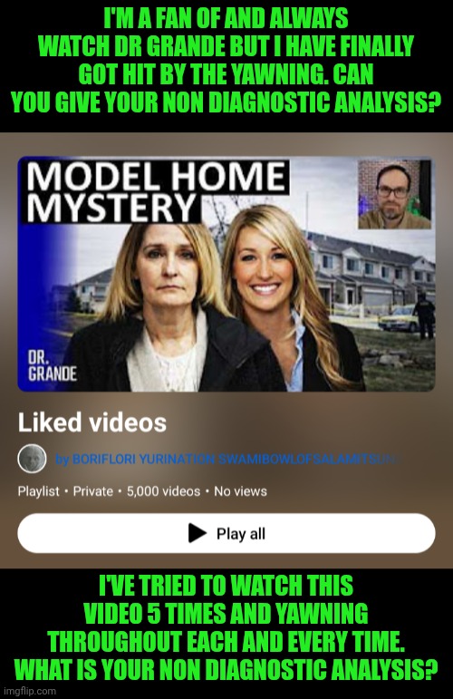 Funny | I'm a fan of and always watch Dr grande but I have finally got hit by the yawning. Can you give your non diagnostic analysis? I've tried to watch this video 5 times and yawning throughout each and every time. What is your non diagnostic analysis? | image tagged in funny,psychiatrist,psychologist,youtuber,doctor,analysis | made w/ Imgflip meme maker