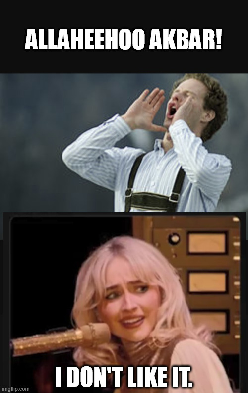 When you akbar instead of a french fry... Sharif don't like it! Yodel the casbah! | Allaheehoo akbar! I don't like it. | image tagged in sabrina carpenter,yodel,allahu akbar,funny,funny memes,memes | made w/ Imgflip meme maker
