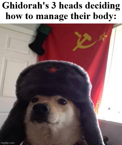 ghidorah head | Ghidorah's 3 heads deciding how to manage their body: | image tagged in blank white template,russian doge,king ghidorah,godzilla | made w/ Imgflip meme maker