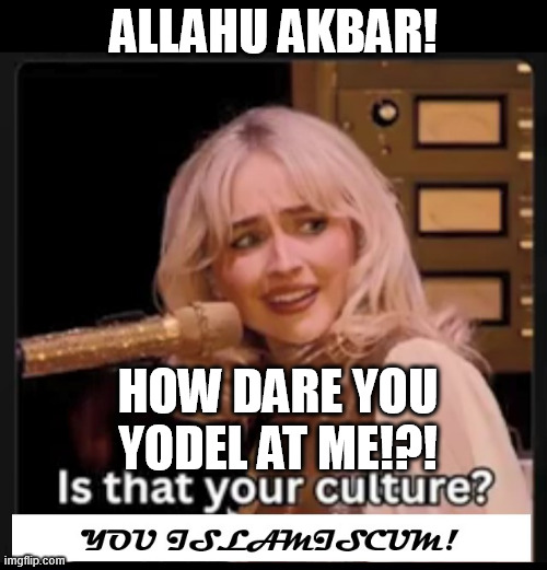 Sabrina Carpenter - the Ignoramus! | Allahu Akbar! How dare you Yodel at me!?! | image tagged in sabrina carpenter,allah,akbar,funny,memes,ignoramus | made w/ Imgflip meme maker